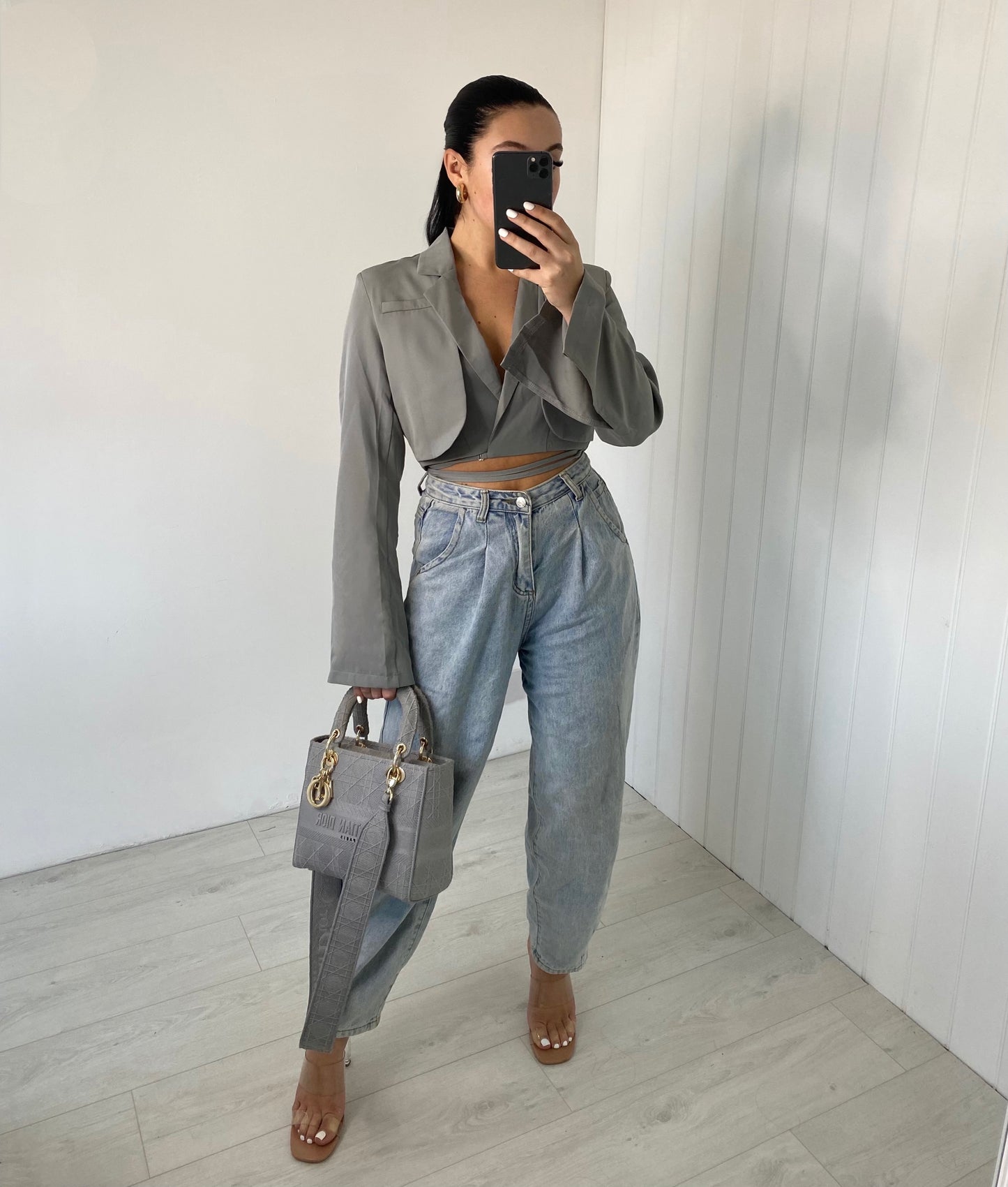 GREY TIE WAIST CROP BLAZER
