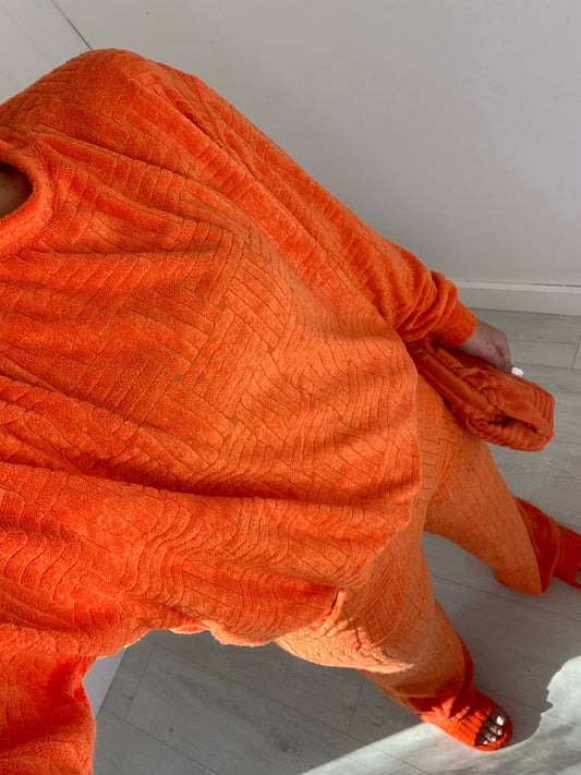 ORANGE OVERSIZED TOWELLING SWEATSHIRT AND WIDE LEG TROUSER CO-ORD