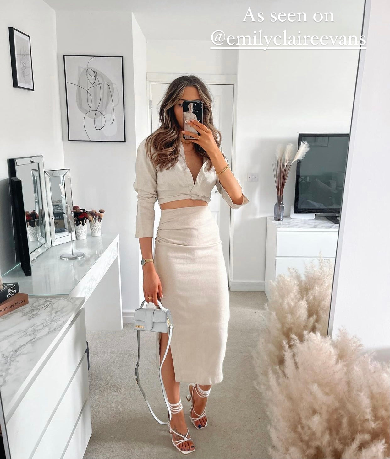 BEIGE LINEN BLEND CROP SHIRT AND SIDE SPLIT MIDI SKIRT CO-ORD