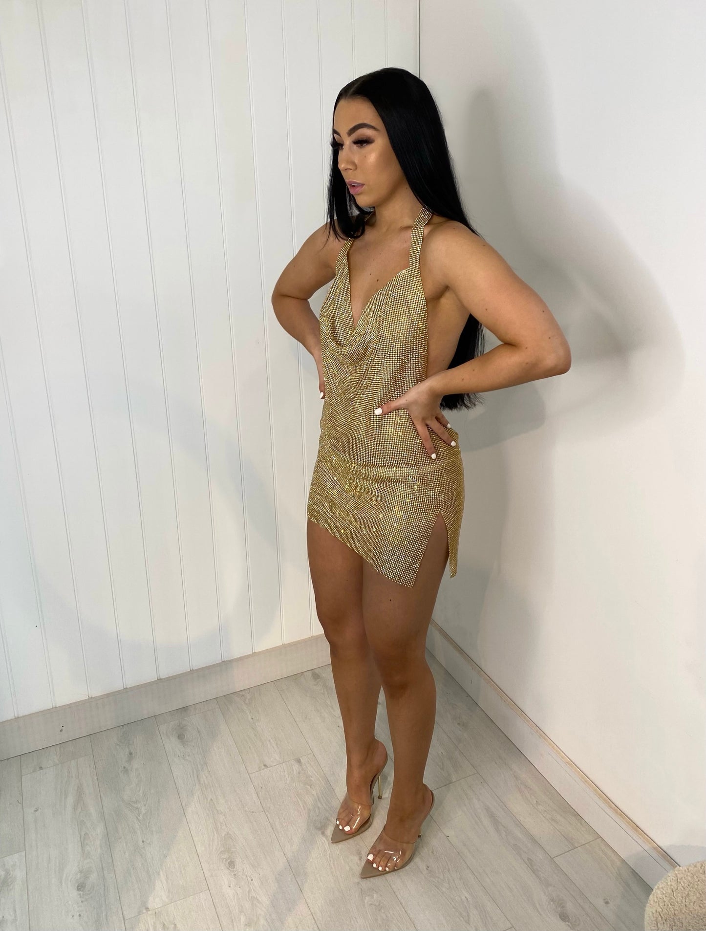 DIAMANTÉ COWL NECK BACKLESS MINI DRESS