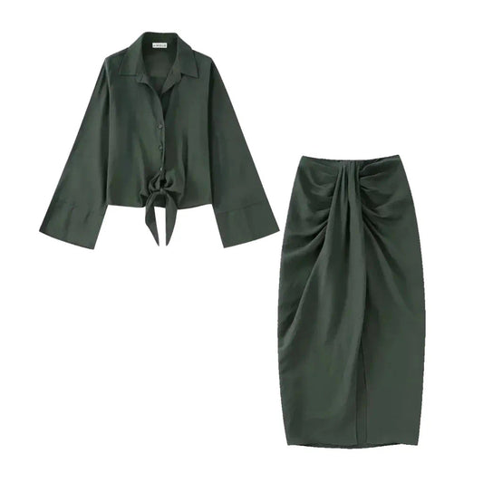 KHAKI WIDE SLEEVE SHIRT AND SPLIT MIDI SKIRT CO-ORD