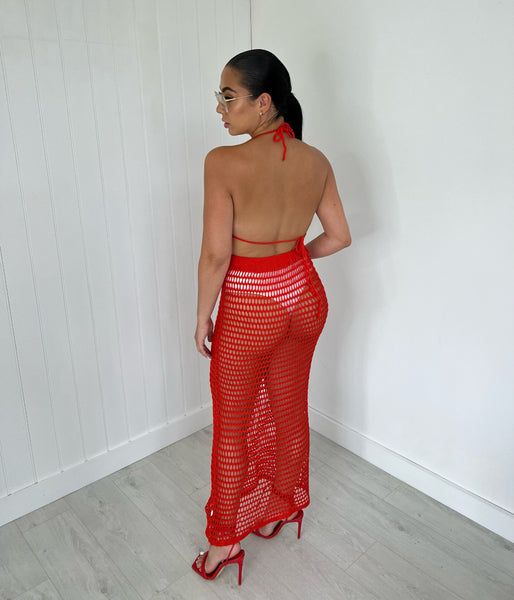 RED CROCHET BRALET AND MAXI SKIRT CO-ORD