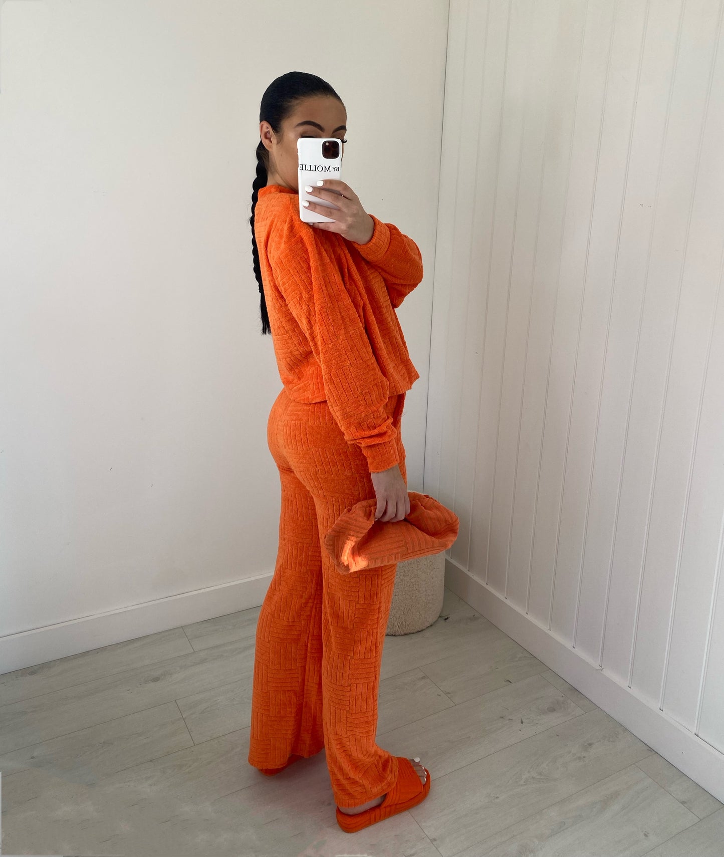 ORANGE OVERSIZED TOWELLING SWEATSHIRT AND WIDE LEG TROUSER CO-ORD