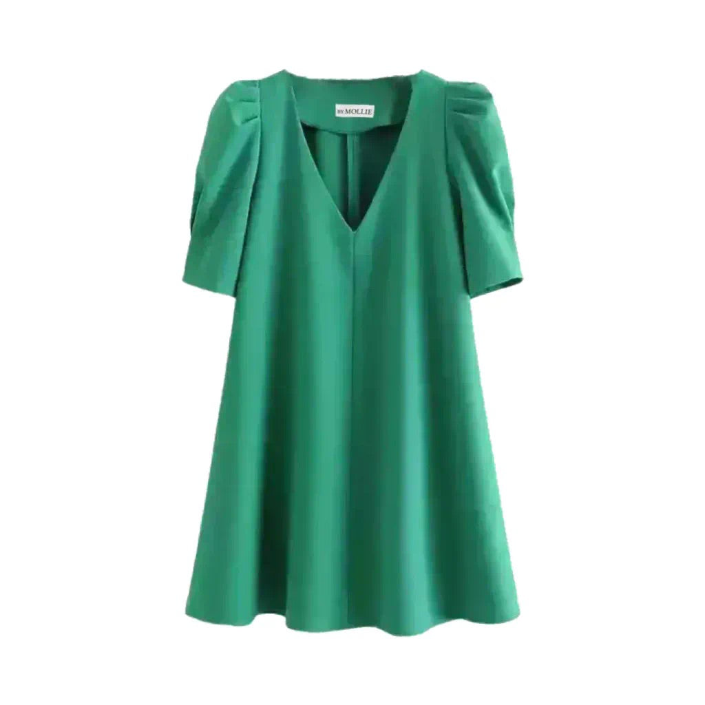 GREEN V-NECK SMOCK DRESS