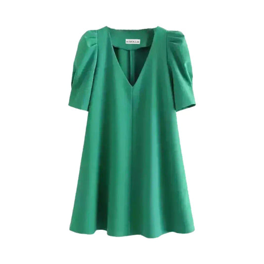 GREEN V-NECK SMOCK DRESS