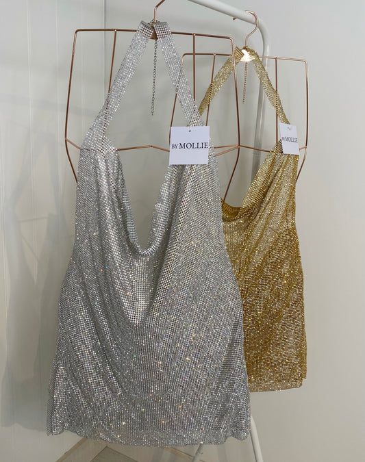 DIAMANTÉ COWL NECK BACKLESS MINI DRESS