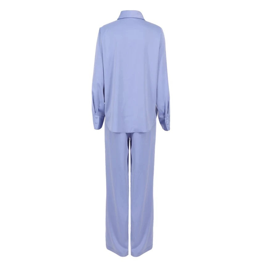 BLUE SATIN SHIRT AND FLARE TROUSER CO-ORD