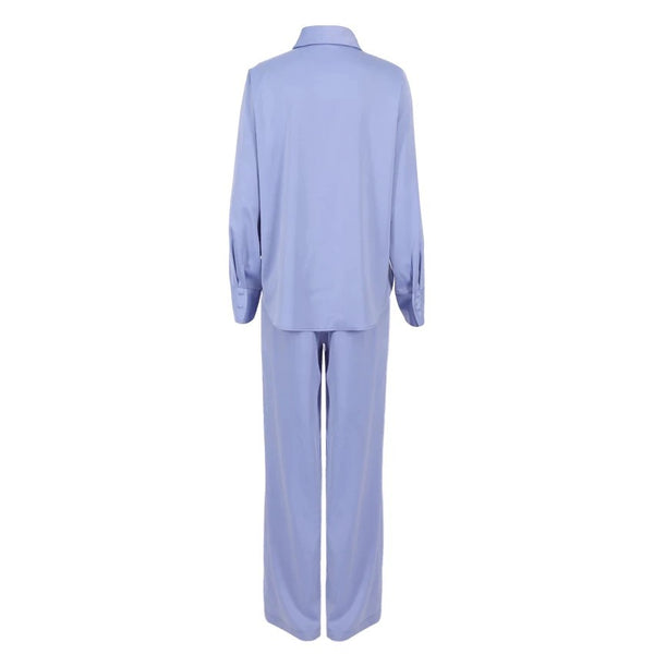 BLUE SATIN SHIRT AND FLARE TROUSER CO-ORD