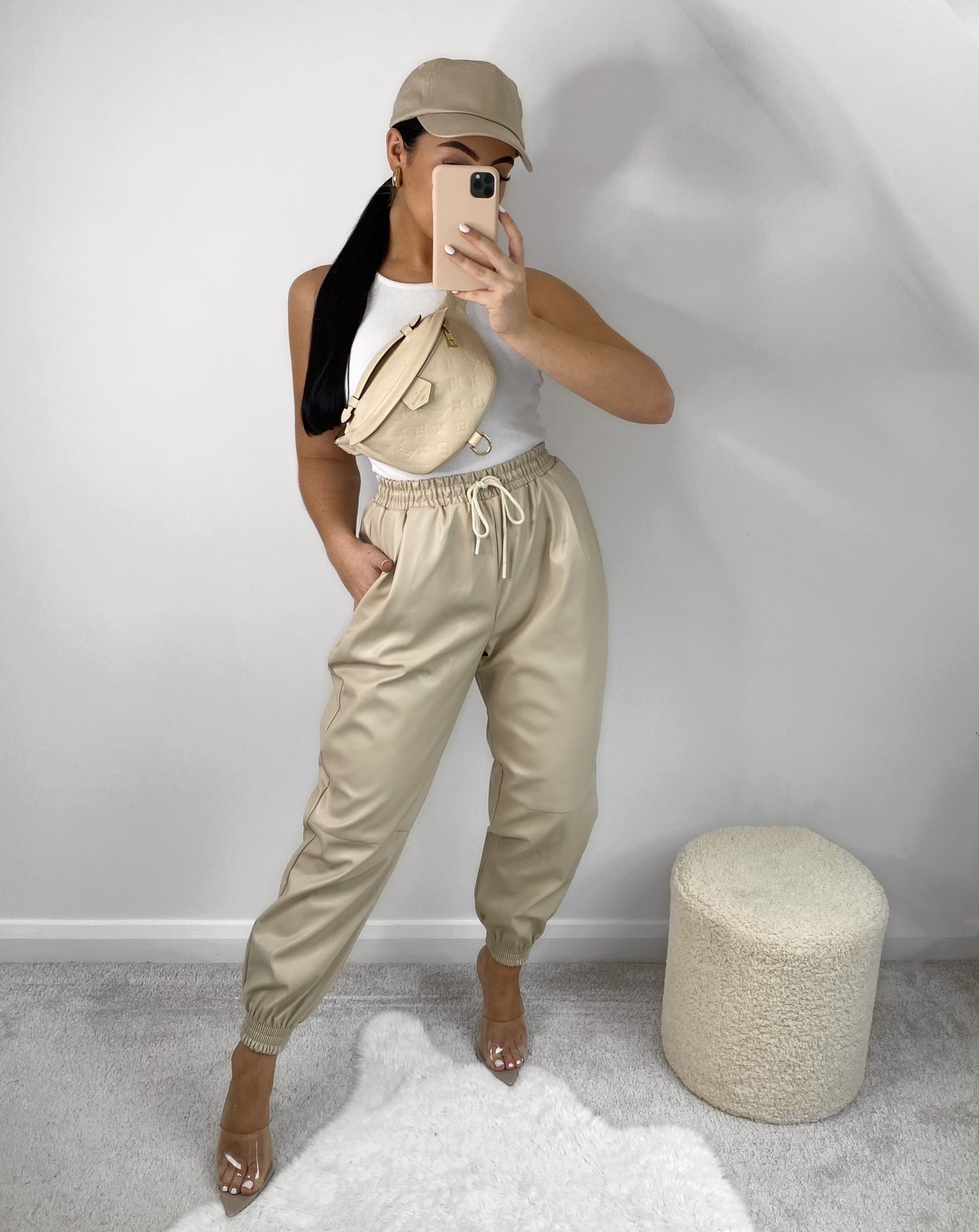 CREAM VEGAN FAUX LEATHER JOGGERS