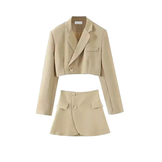 BEIGE CROP BLAZER AND MINI SKIRT CO-ORD