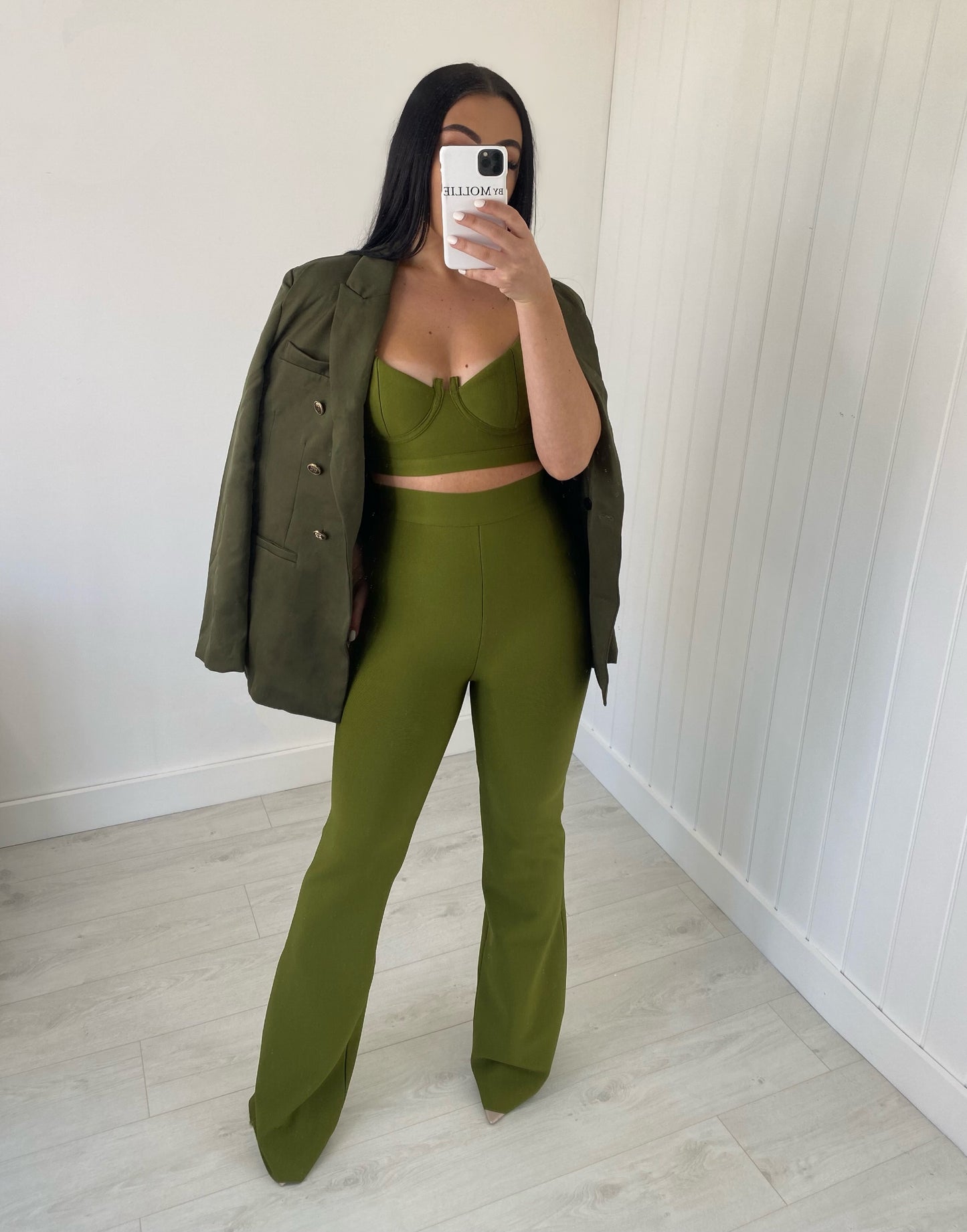 OLIVE GREEN BANDAGE BRALET AND FLARE TROUSER CO-ORD