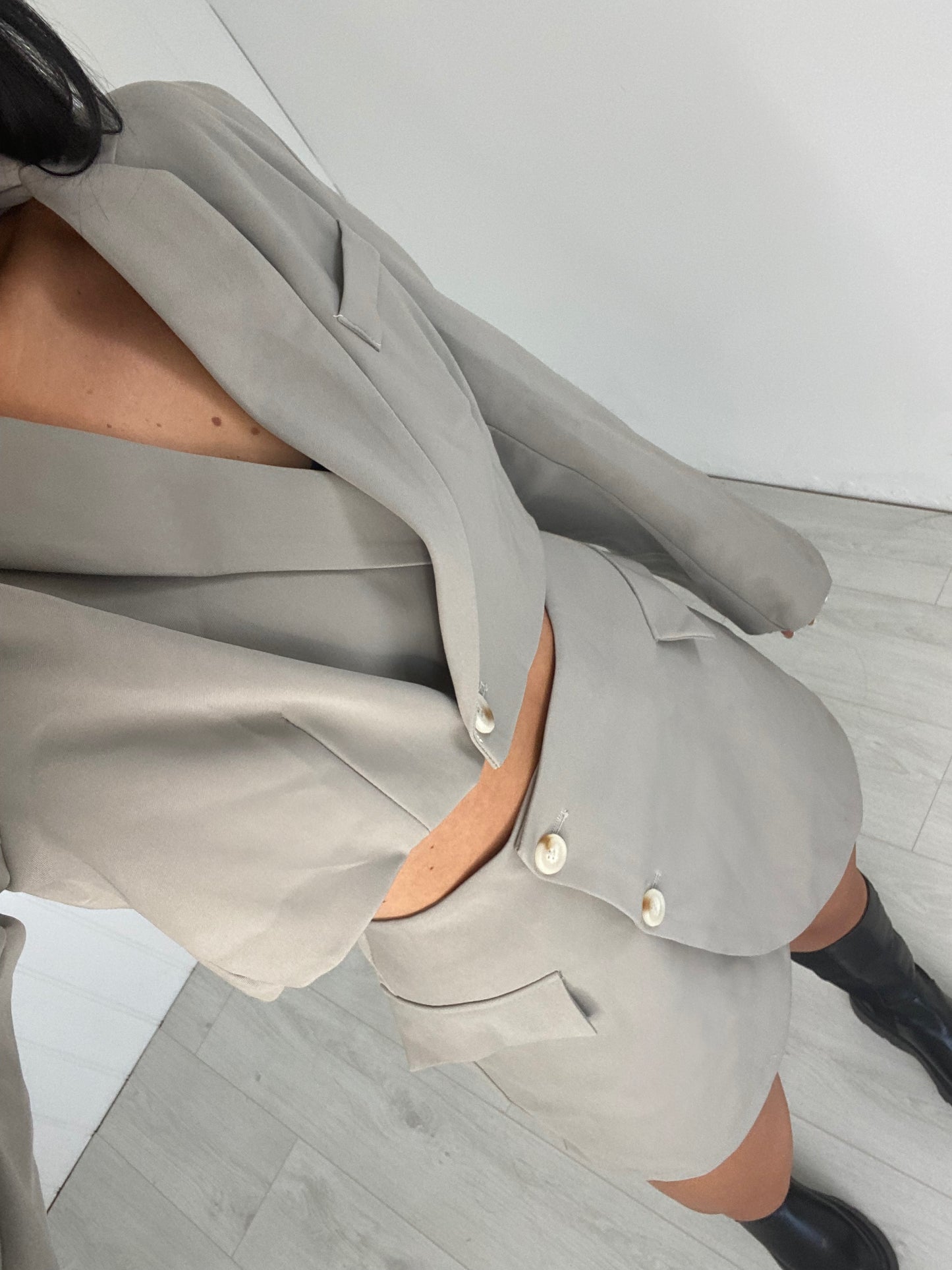 GREY CROP BLAZER AND MINI SKIRT CO-ORD