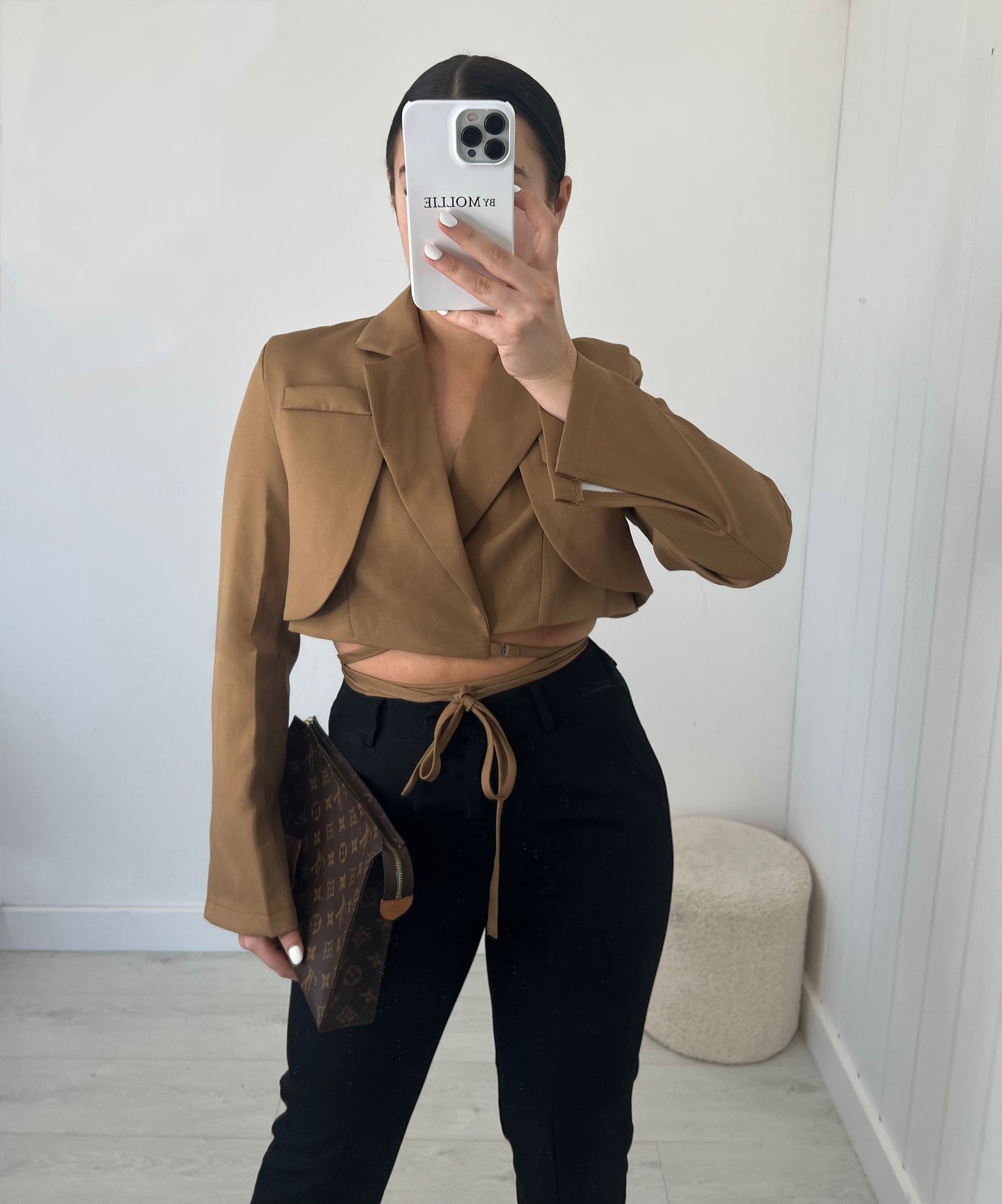 CAMEL TIE WAIST CROP BLAZER
