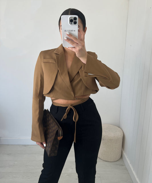 CAMEL TIE WAIST CROP BLAZER