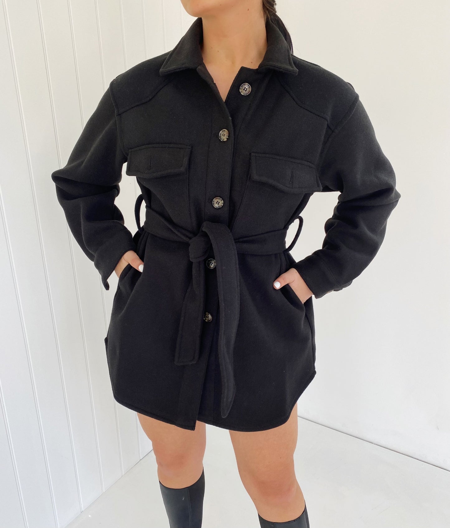 BLACK BELTED WOOL LOOK SHACKET OVERSHIRT