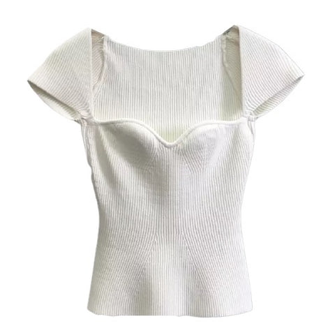 WHITE SHORT SLEEVE SQUARE NECK KNIT TOP