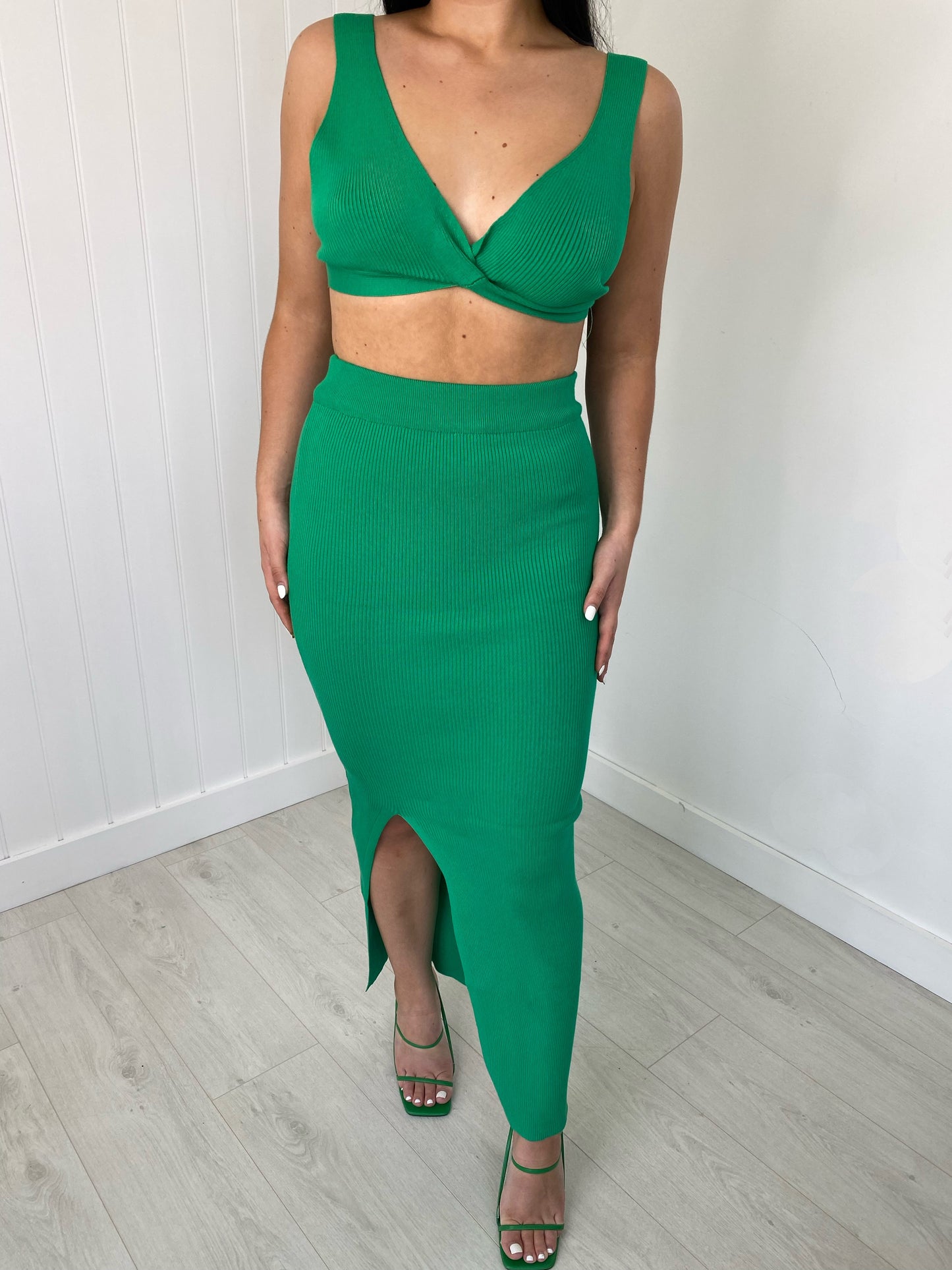 GREEN KNIT BRALET AND SLIT LEG MAXI SKIRT