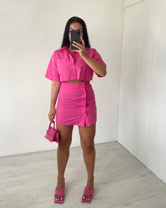 PINK CUT OUT SHORT SLEEVE RUCHED SHIRT DRESS