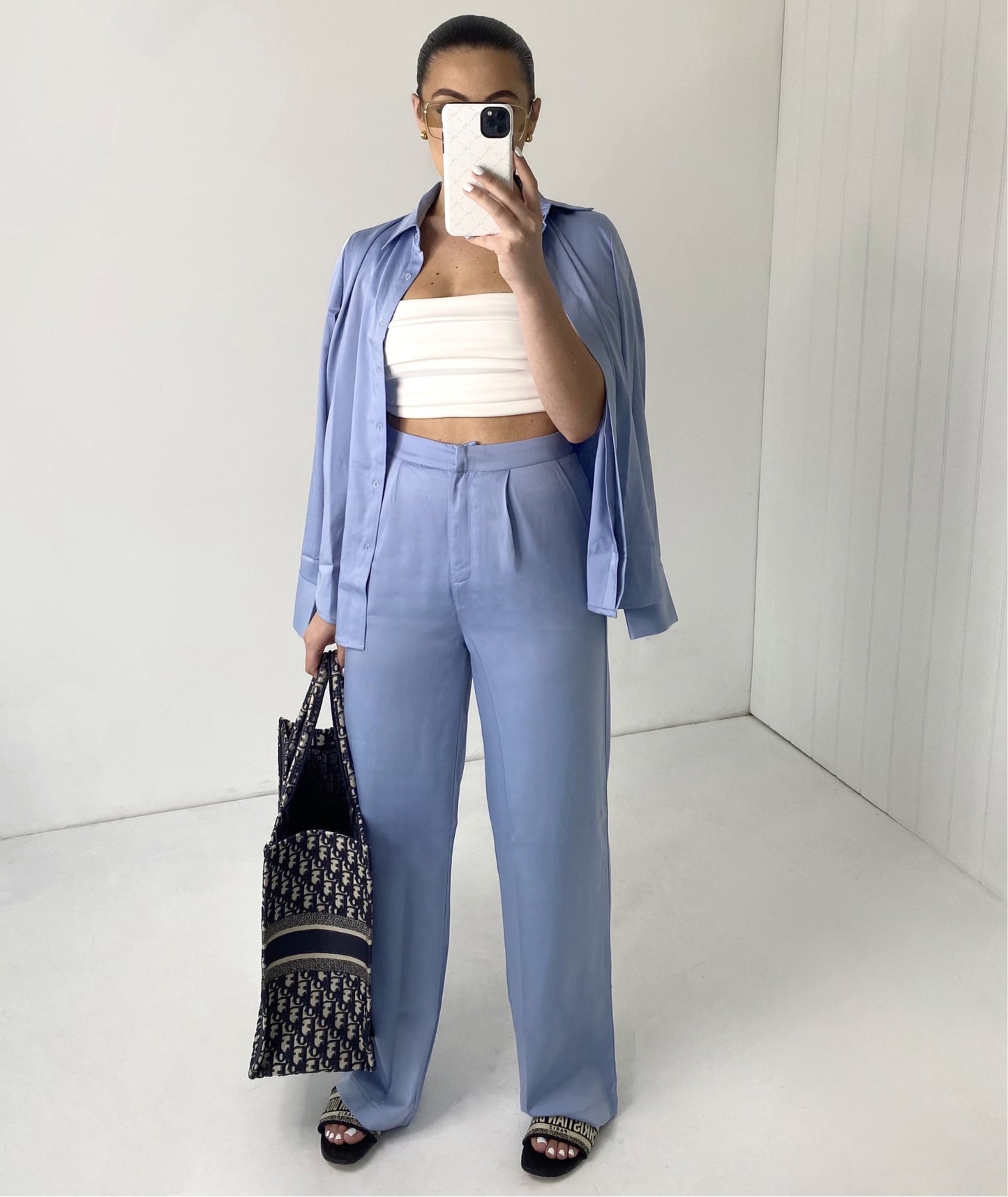 BLUE SATIN SHIRT AND FLARE TROUSER CO-ORD