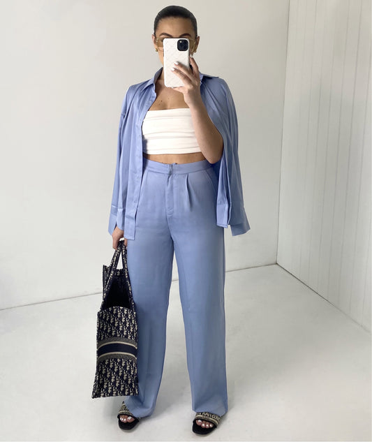 BLUE SATIN SHIRT AND FLARE TROUSER CO-ORD