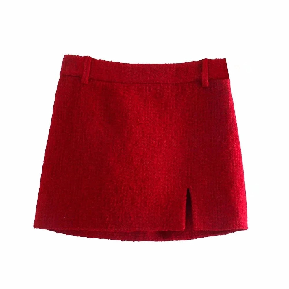 RED TWEED CROP BLAZER AND MINI SKIRT CO-ORD
