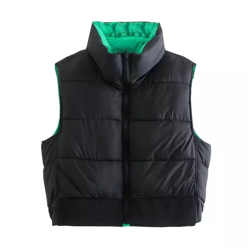 GREEN AND BLACK CROPPED REVERSIBLE BODYWARMER