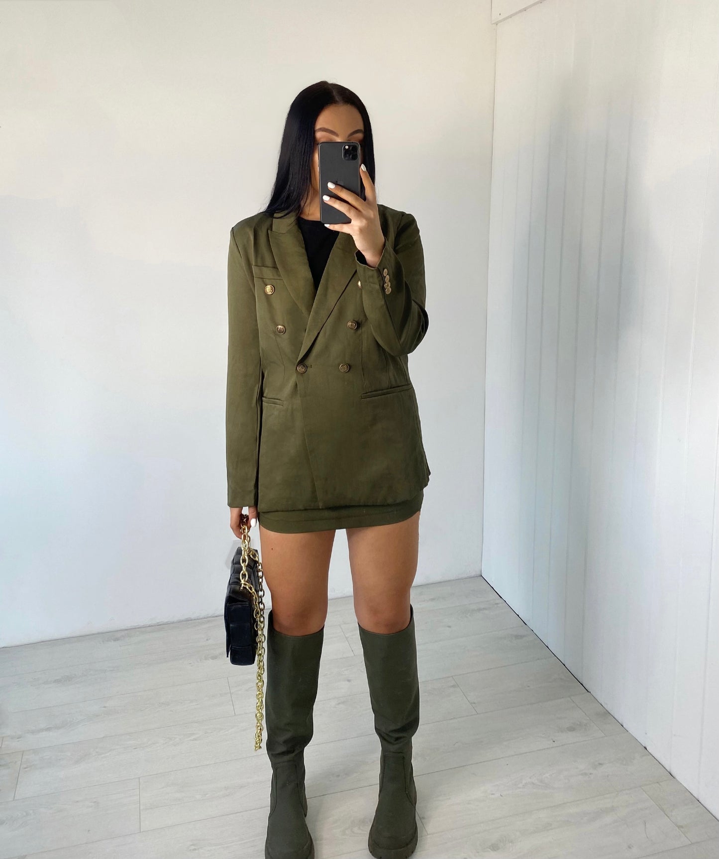 KHAKI GOLD BUTTON BLAZER AND SIDE RUCHED MINI SKIRT CO-ORD