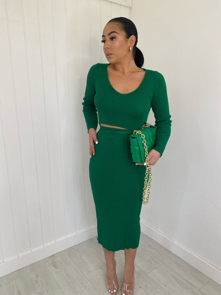 GREEN LONG SLEEVE KNIT TOP AND SKIRT CO-ORD