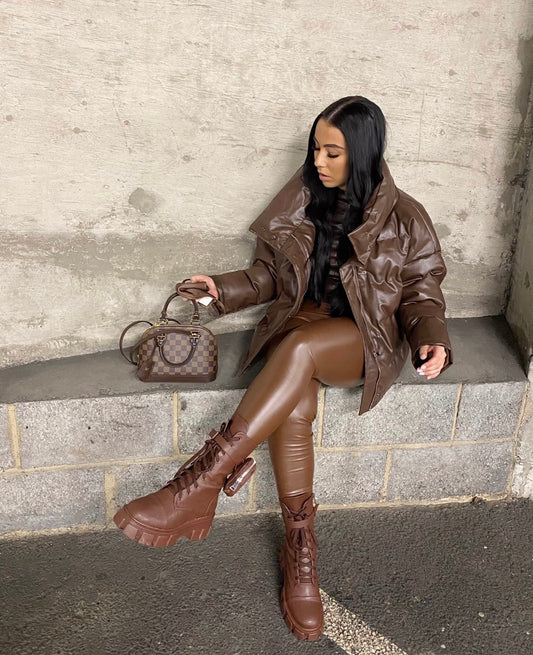 BROWN FAUX LEATHER PUFFER COAT