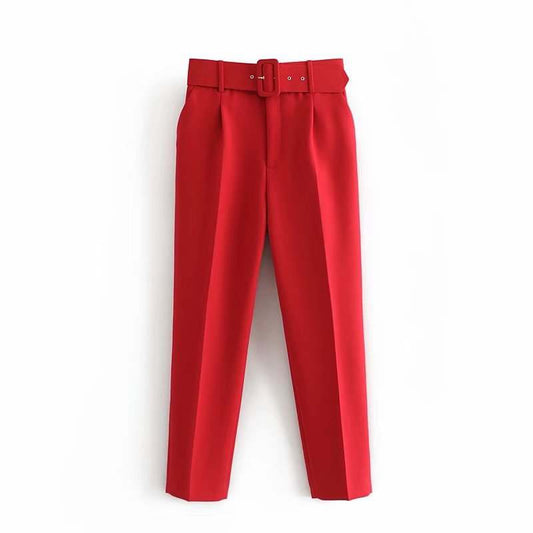 RED BELTED HIGH WAIST CIGARETTE TROUSER