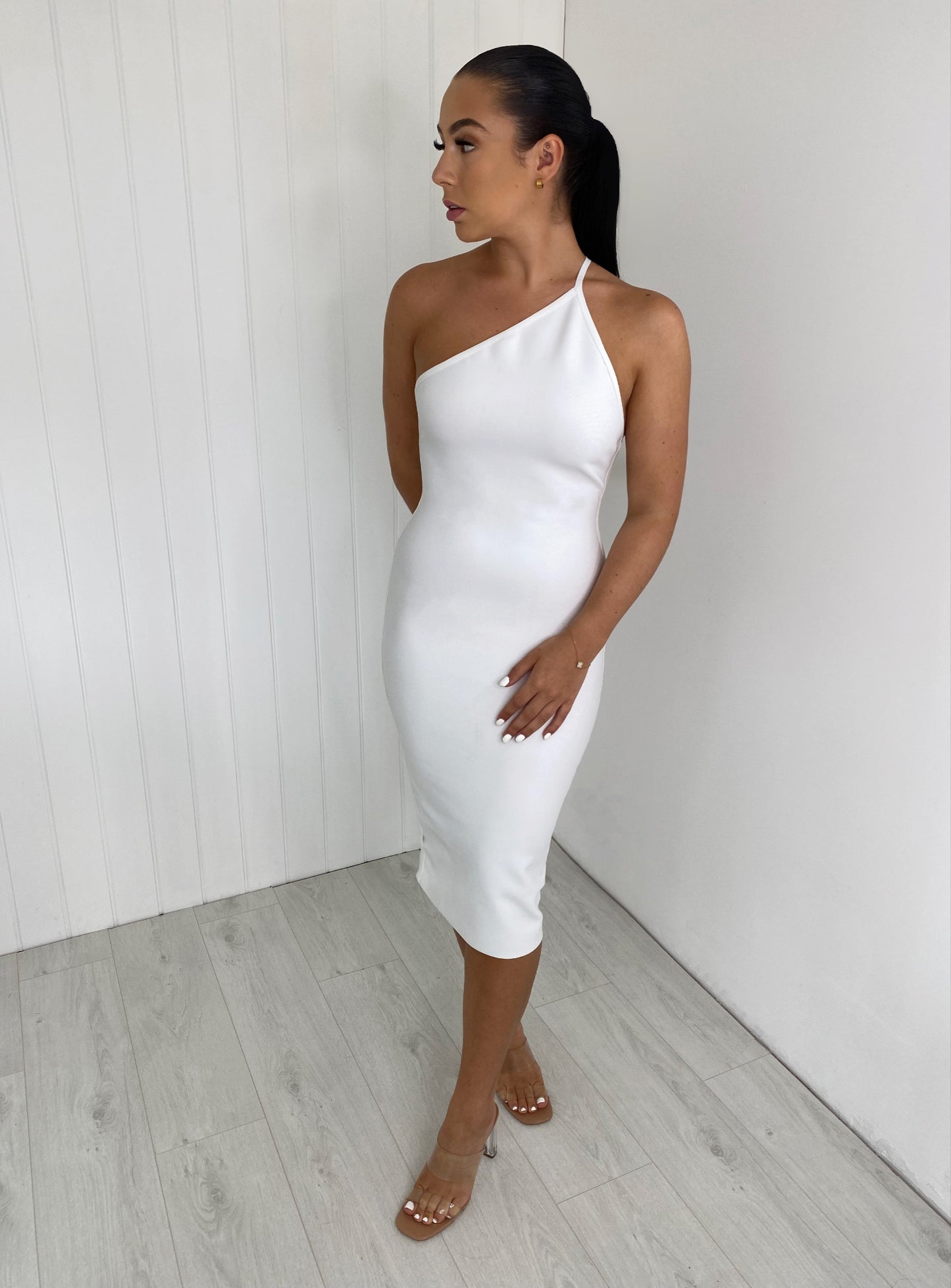 WHITE BANDAGE SCUPLT ONE SHOULDER MIDI DRESS