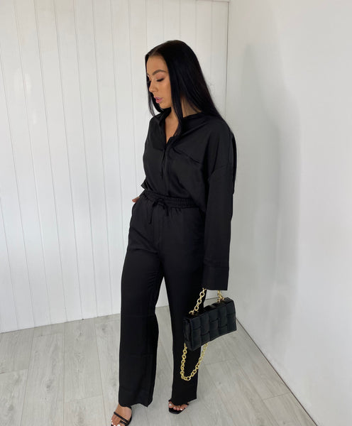 BLACK SATIN OVERSIZED SHIRT AND TROUSER CO-ORD