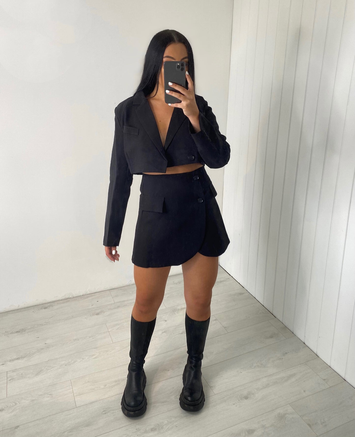 BLACK CROP BLAZER AND MINI SKIRT CO-ORD