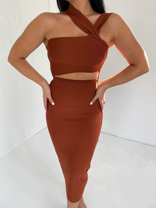 BRONZE BANDAGE CUT OUT MIDI DRESS