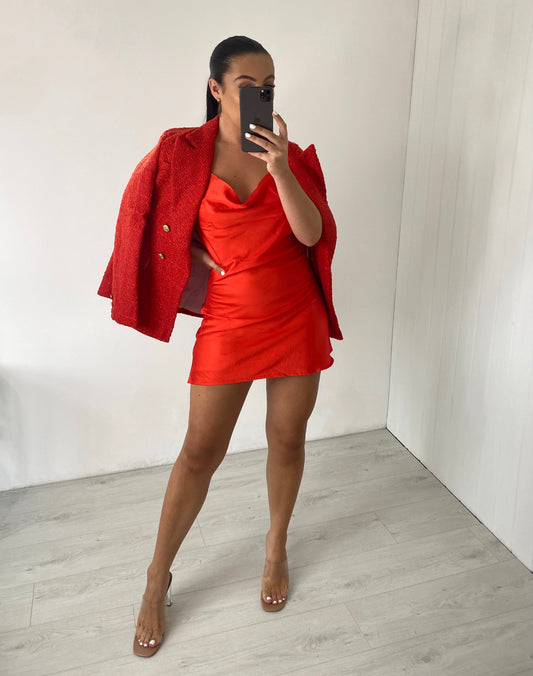 RED SATIN CROSS BACK MINI DRESS