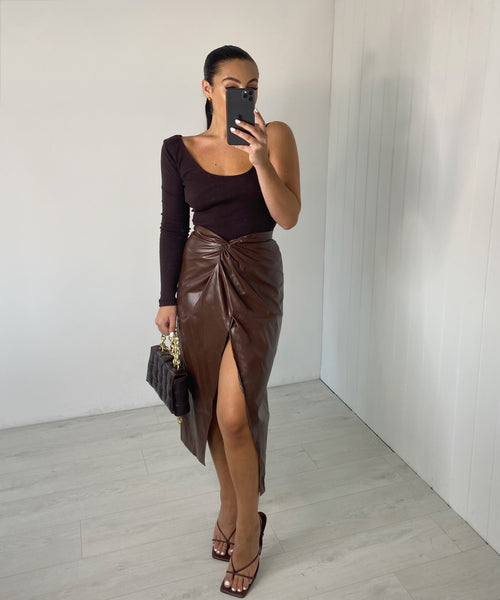 BROWN FAUX LEATHER KNOT FRONT MIDAXI SKIRT