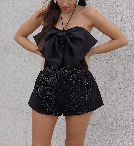 BLACK SATIN BOW AND SEQUIN SHORTS PLAYSUIT