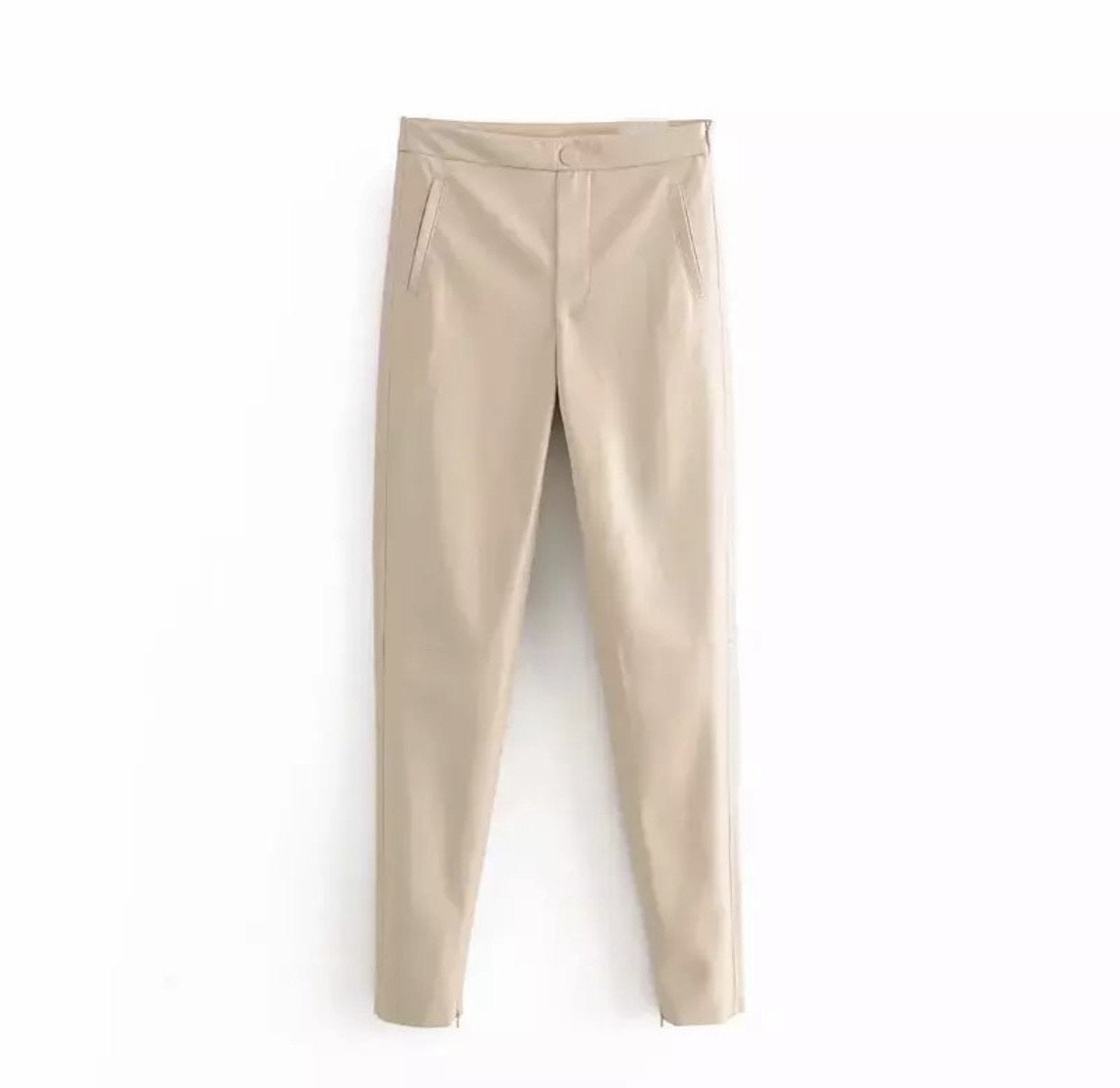 HIGH WAIST BUTTON DETAIL VEGAN LEATHER LEGGINGS
