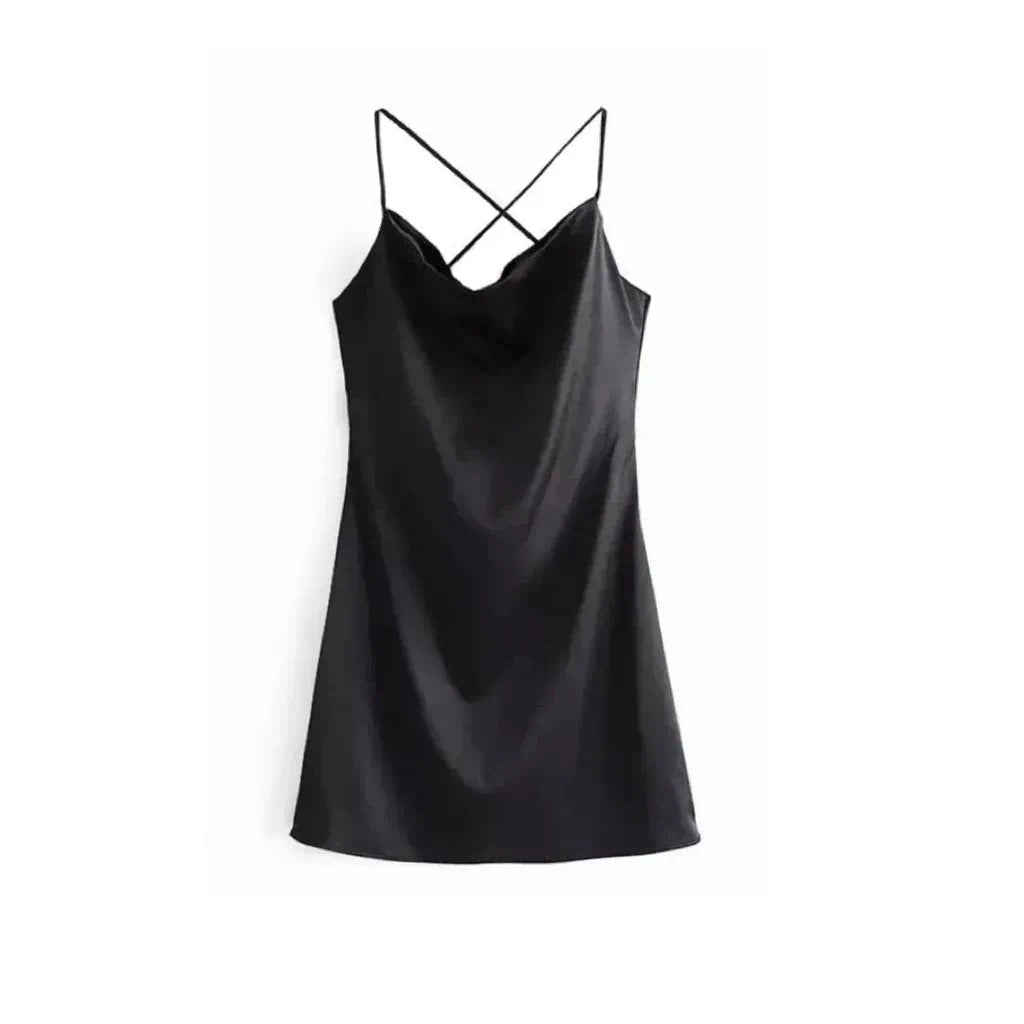 BLACK SATIN CROSS BACK MINI DRESS