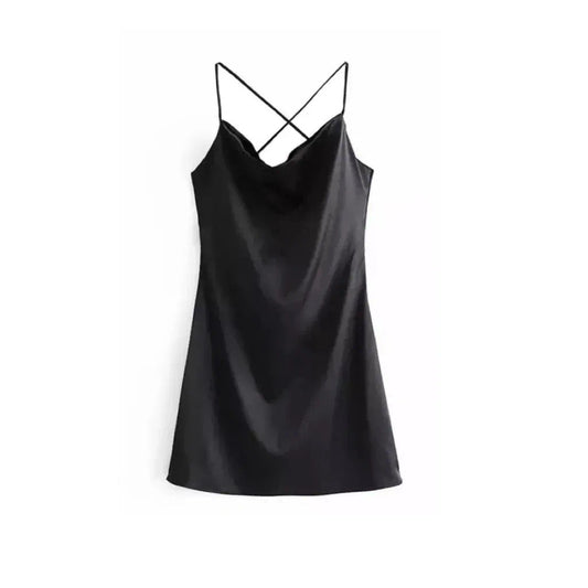 BLACK SATIN CROSS BACK MINI DRESS