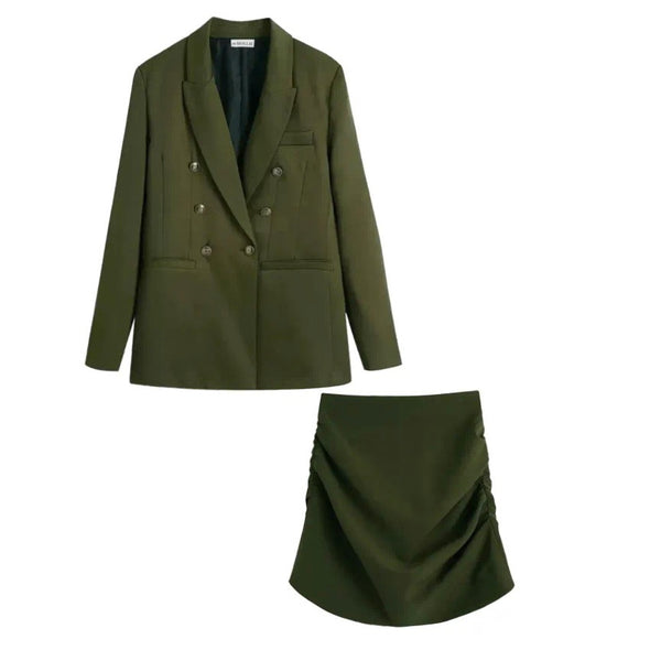 KHAKI GOLD BUTTON BLAZER AND SIDE RUCHED MINI SKIRT CO-ORD
