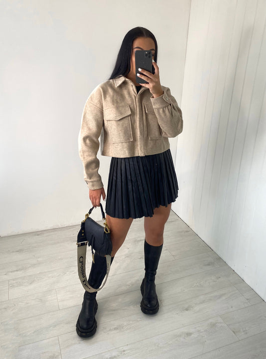 BEIGE WOOL LOOK CROP SHACKET