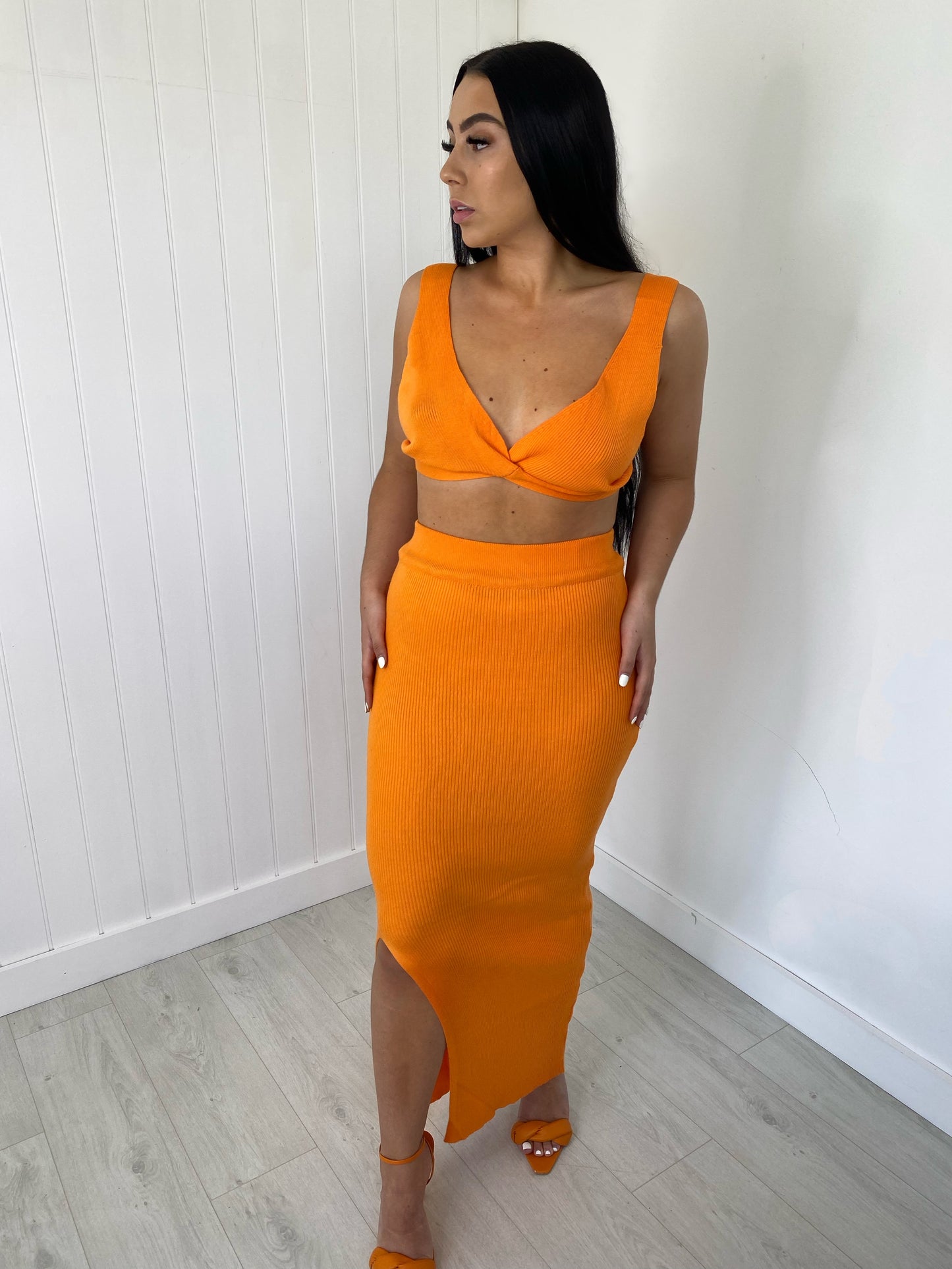 ORANGE KNIT BRALET AND SLIT LEG MAXI SKIRT