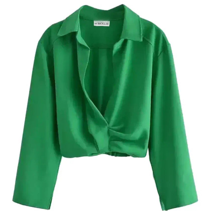 GREEN CROP SHIRT AND SIDE SPLIT MIDI SKIRT CO-ORD