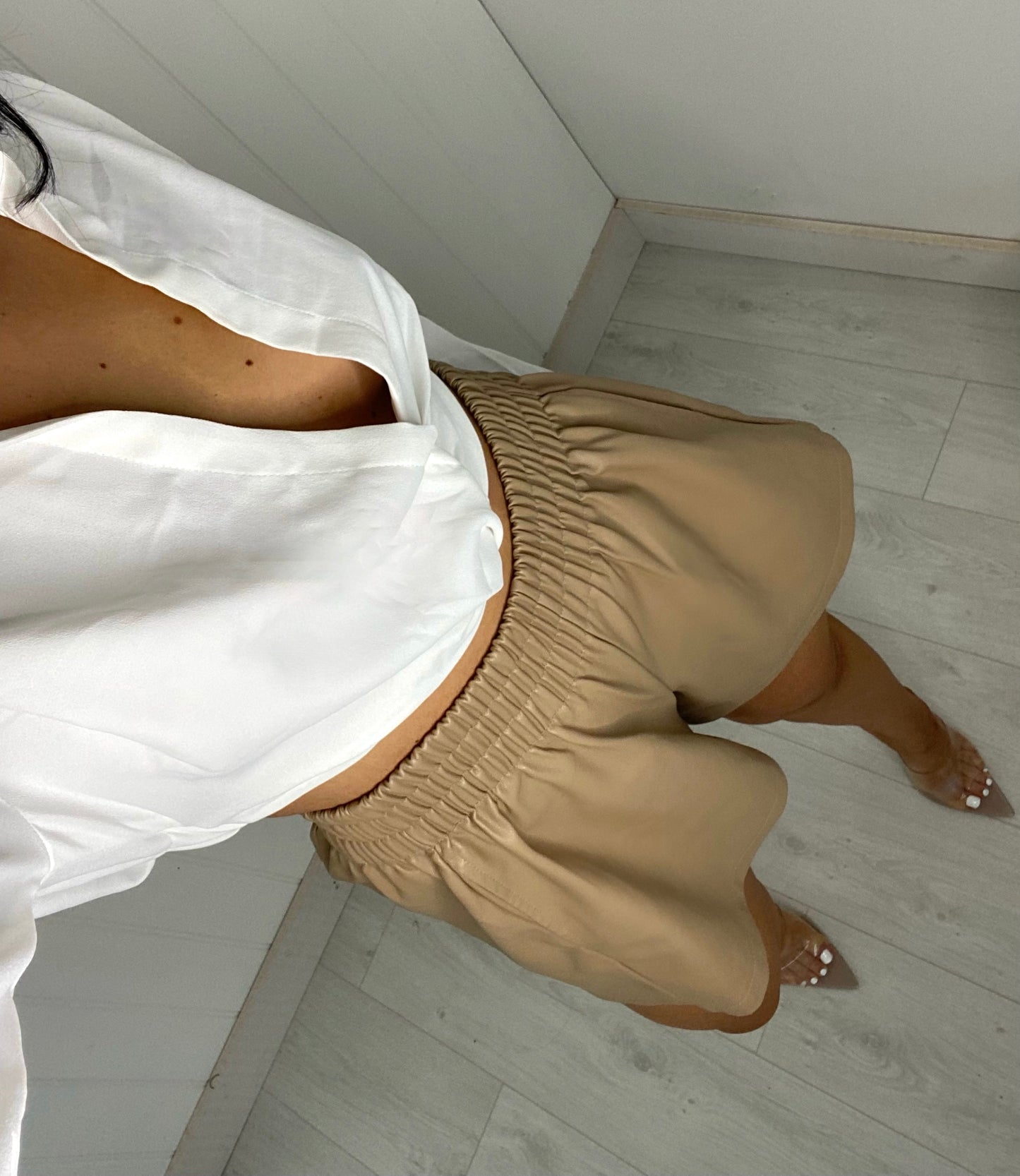 BEIGE FLARE VEGAN LEATHER SHORTS