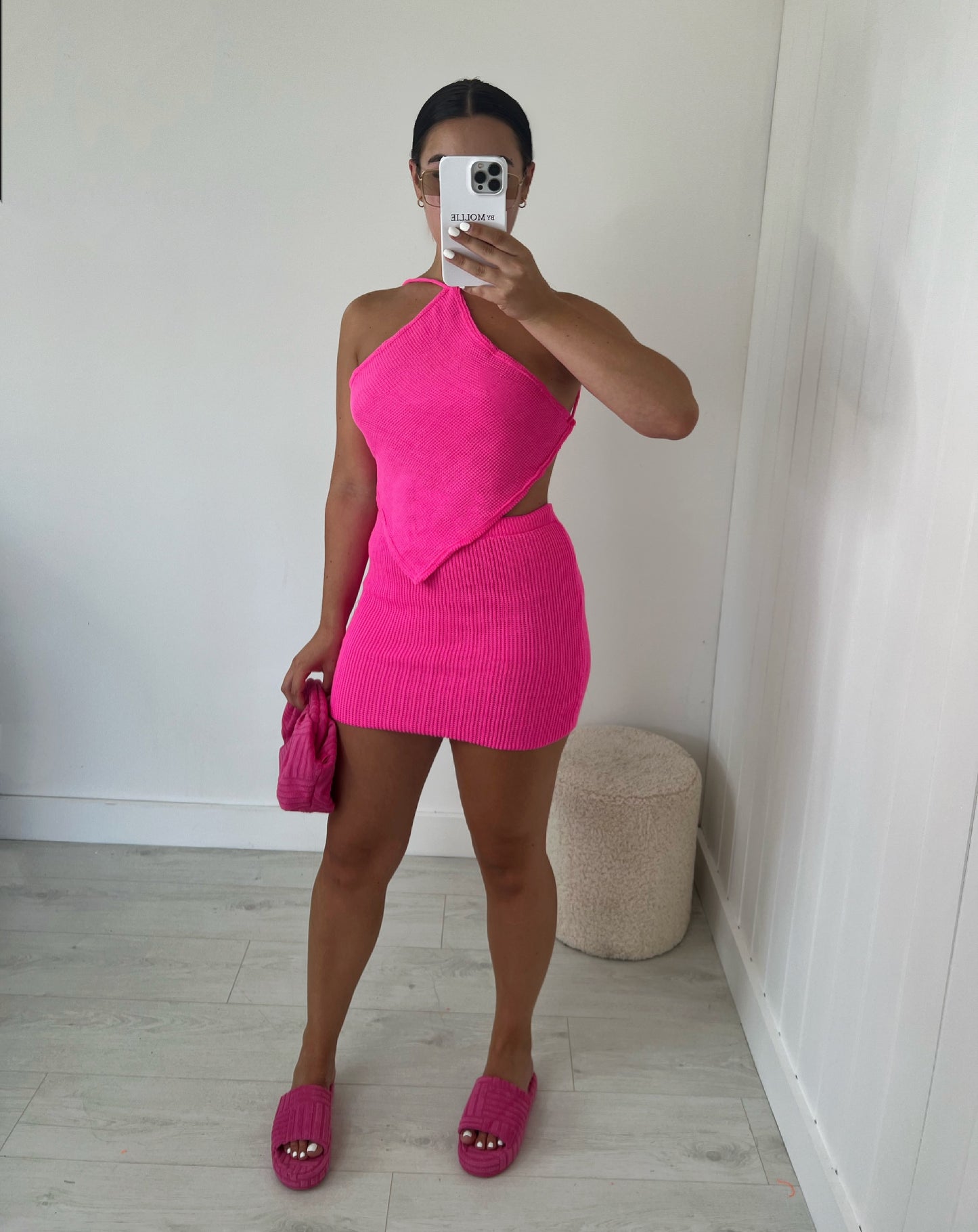 PINK KNIT HALTER CROP TOP AND MINI SKIRT CO-ORD