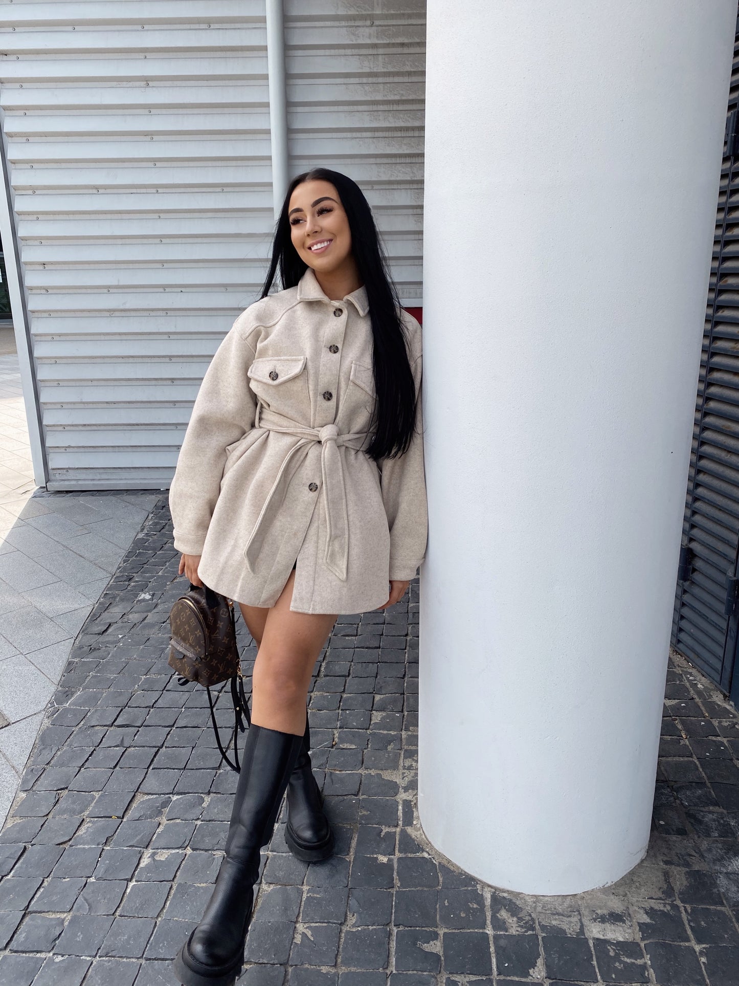 BEIGE BELTED WOOL LOOK SHACKET OVERSHIRT
