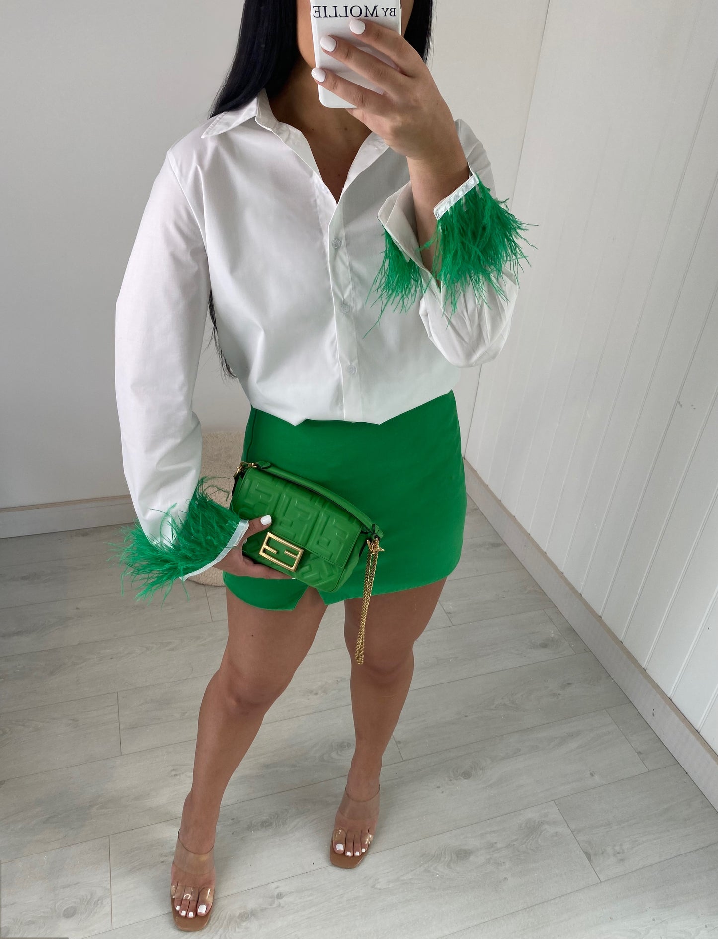 GREEN FEATHER CUFF SHIRT