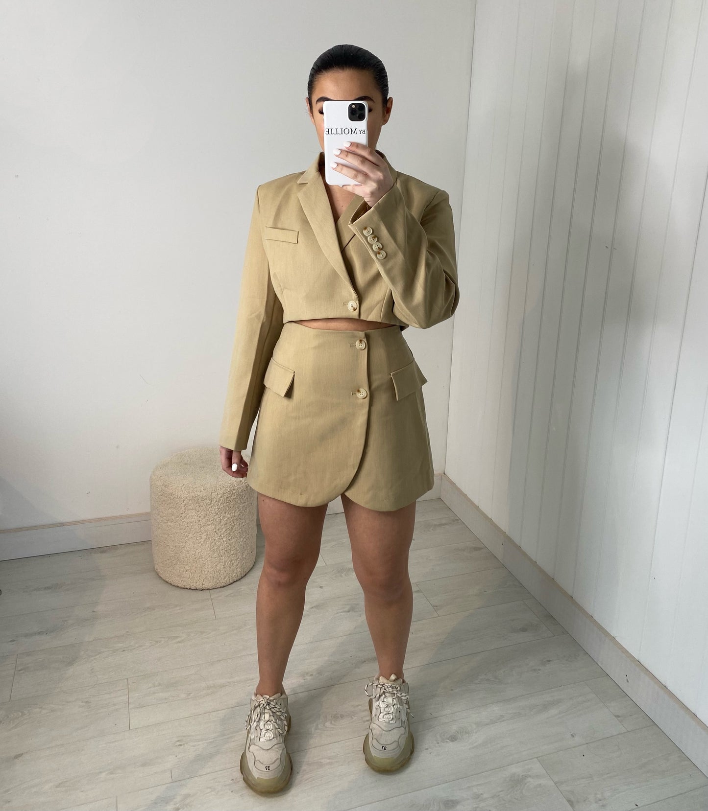 BEIGE CROP BLAZER AND MINI SKIRT CO-ORD