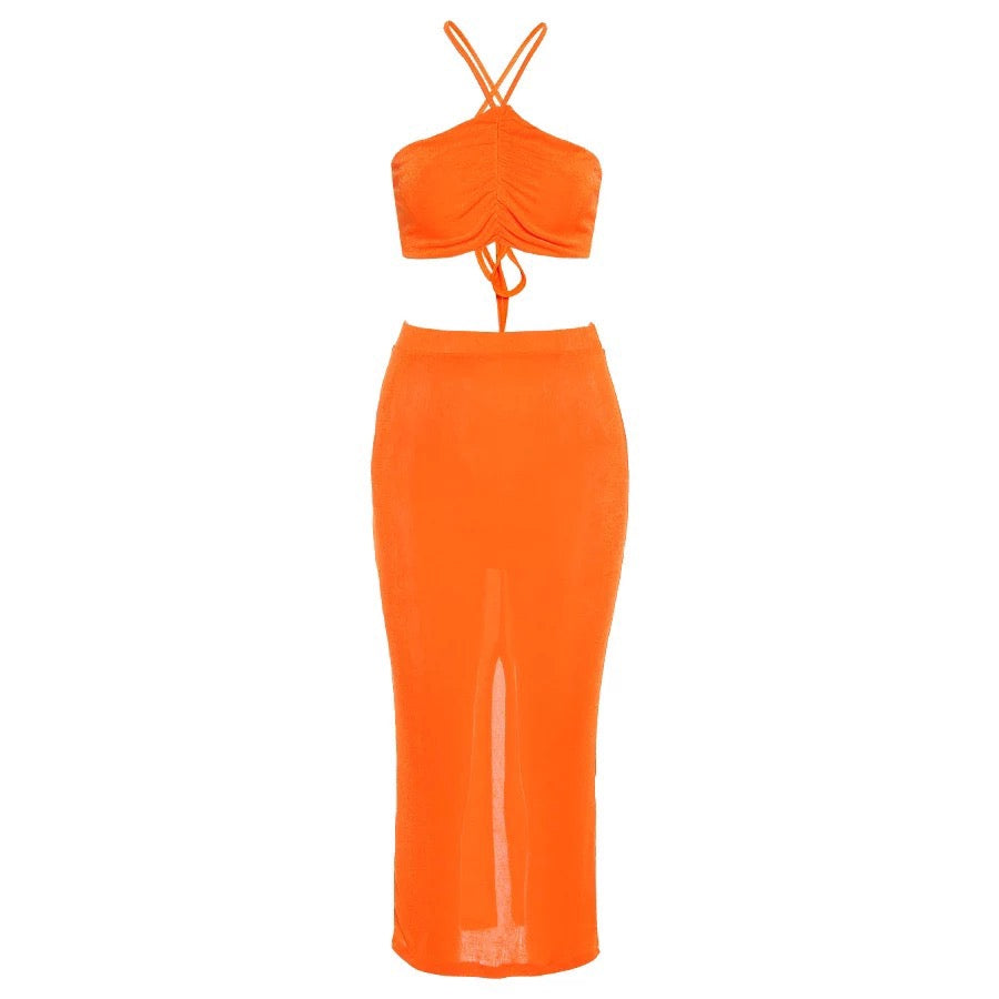 ORANGE SHEER RUCHED CROP TOP AND SPLIT BACK MIDI SKIRT